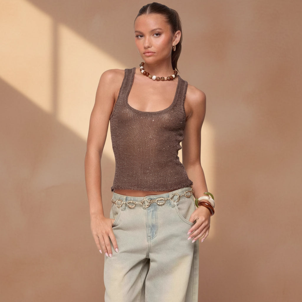 Shiny Deep V Solid Color Tank Top Fashionable Sexy Sheer Top 