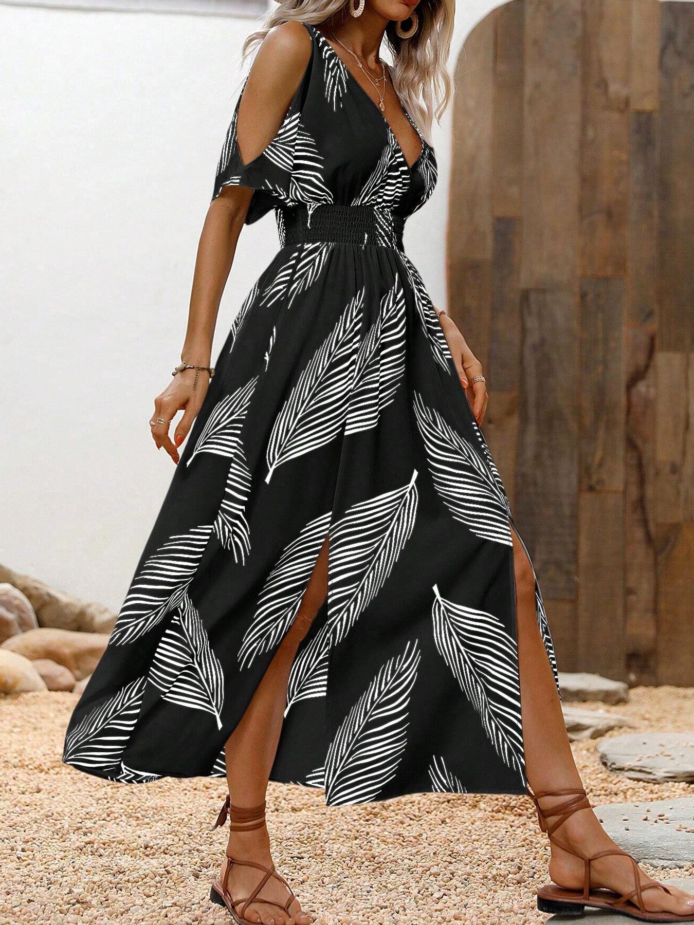 Women's Summer Sexy Cross V-neck Printed Off-the-Shoulder Dress - Elegant Waist-Defined Evening Maxi Dress Diversi Fashion™