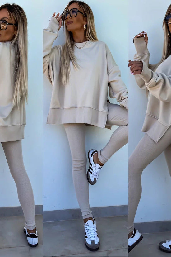 Sweater Suit Women's Casual Loose Long Sleeve Crew Neck Split Top Tight Trousers 