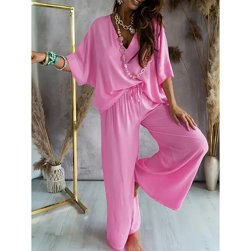 Women's 2 Piece Outfit, Casual Solid Color V-Neck Half Sleeve Top And Wide Leg Pants Lounge Set CJ