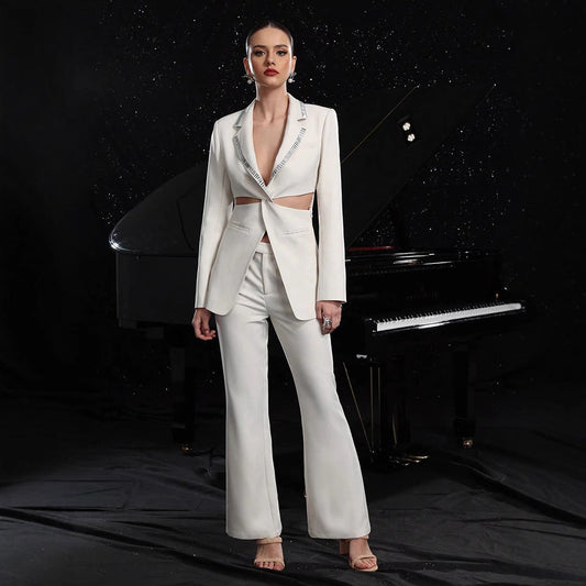 Women's Fashionable, Elegant Hollow-Out Suit Jacket And Pants Set 