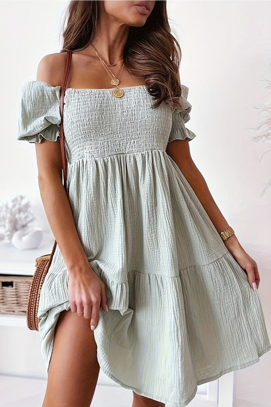 Casual One Word Collar Wrinkle Puff Sleeve Mid Dresses CJ US