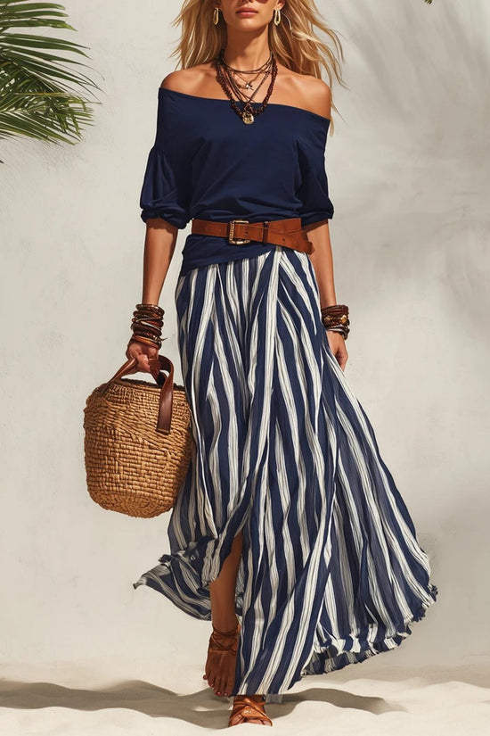 Off-shoulder Top And Slit Skirt Womens Set 
