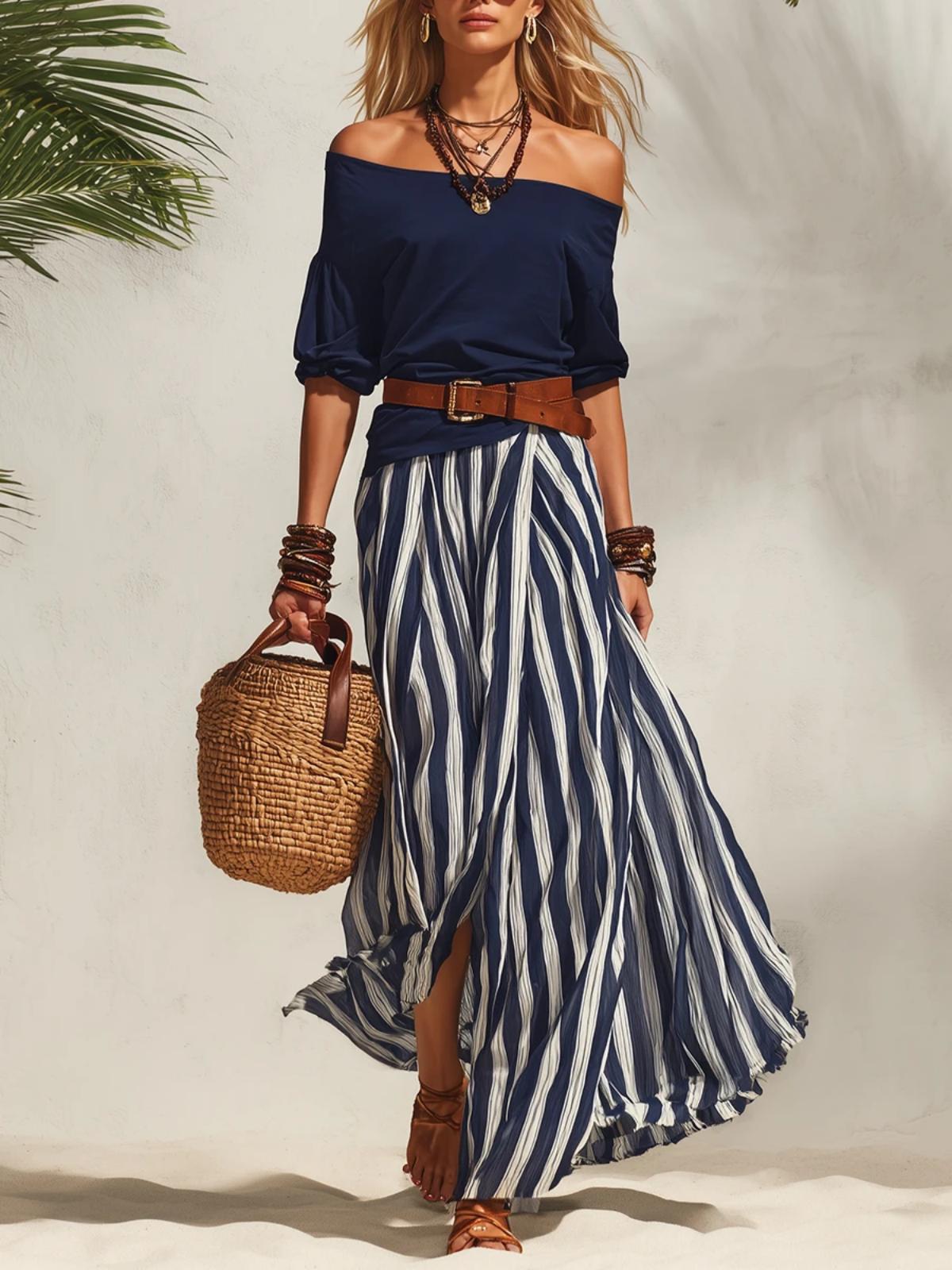 Off-shoulder Top And Slit Skirt Womens Set 