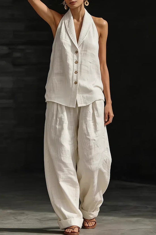 Wide-leg Pants Suit Womens Cotton-linen Fashionable Two-piece Set 