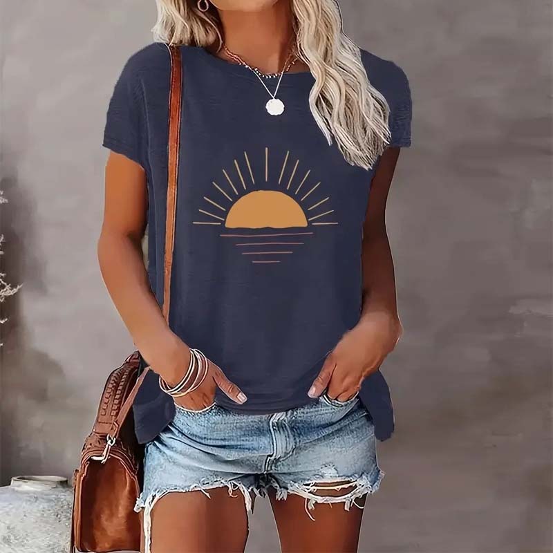 Women's Sunrise Print Round Neck T-Shirt - Casual Short Sleeve Summer Top CJ US