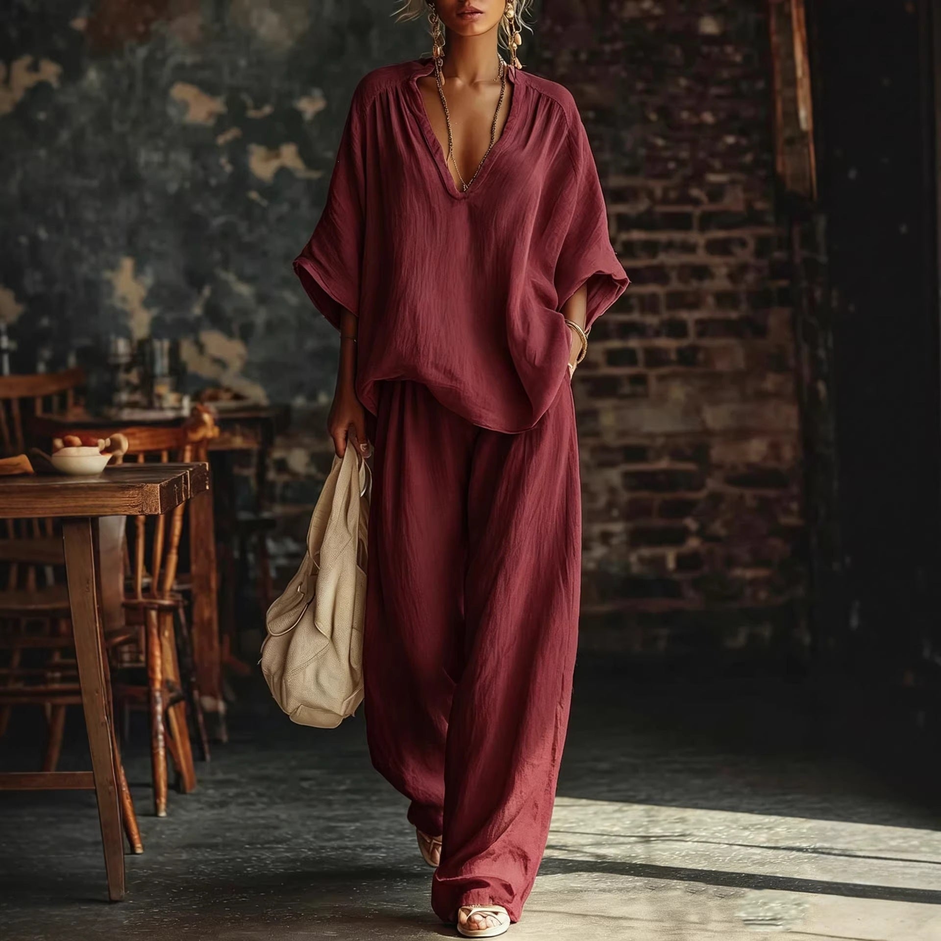 Womens V-neck Loose Short-Sleeve Casual Pants Two-Piece Set 