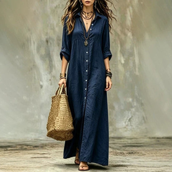 Shirt-collar Floor-length Casual Simple Long Dress 
