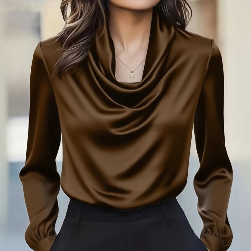 Women's Elegant Draped Neck Blouse, Solid Color Ruffle Detail Long Sleeve Shirt For Office And Formal Wear CJ US