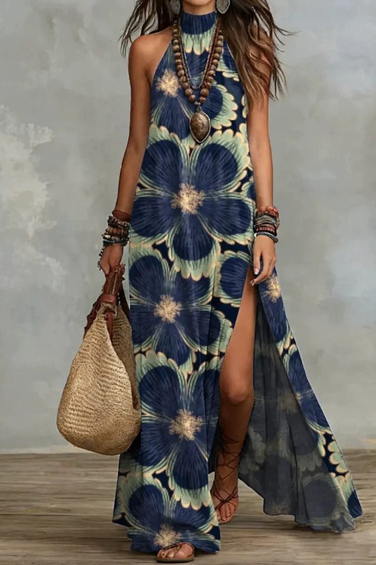 Split Sleeveless Multicolored Printed Maxi Dress 