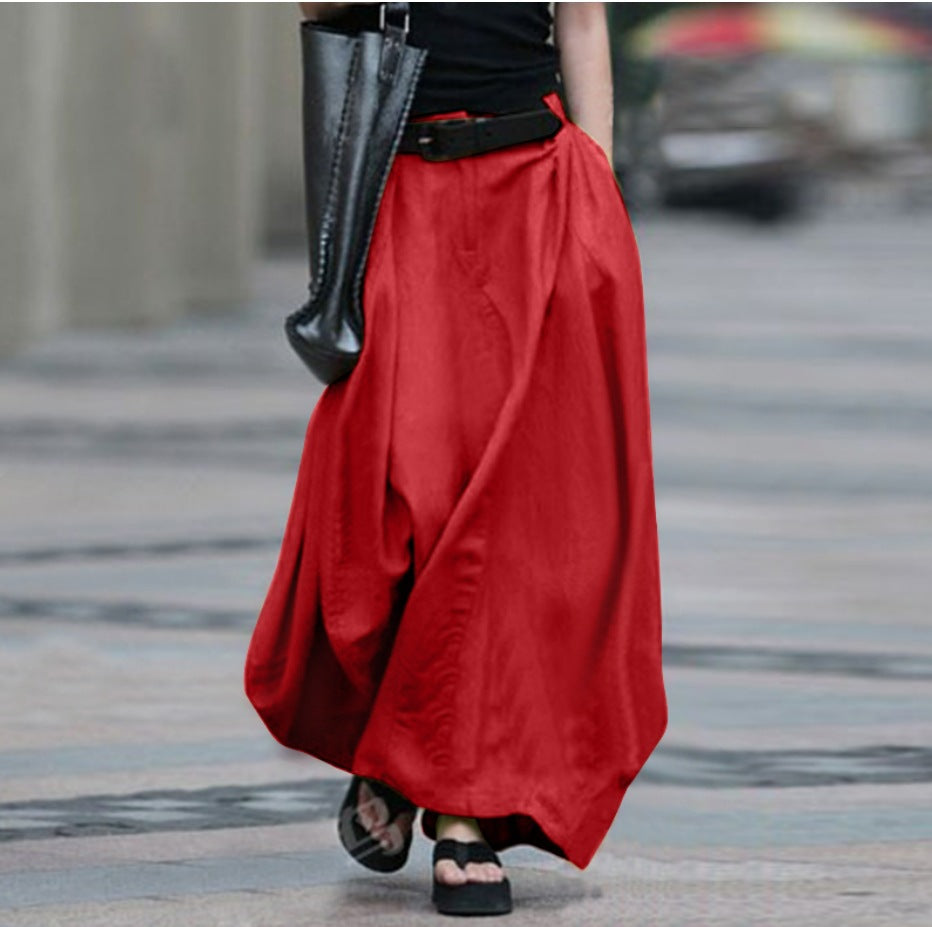 Womens Solid-color High-waisted Long Skirt 