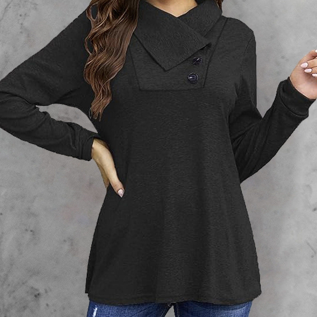 Women's Fashionable Long Sleeved Hood Collar Button Waist Top T-shirt CJ