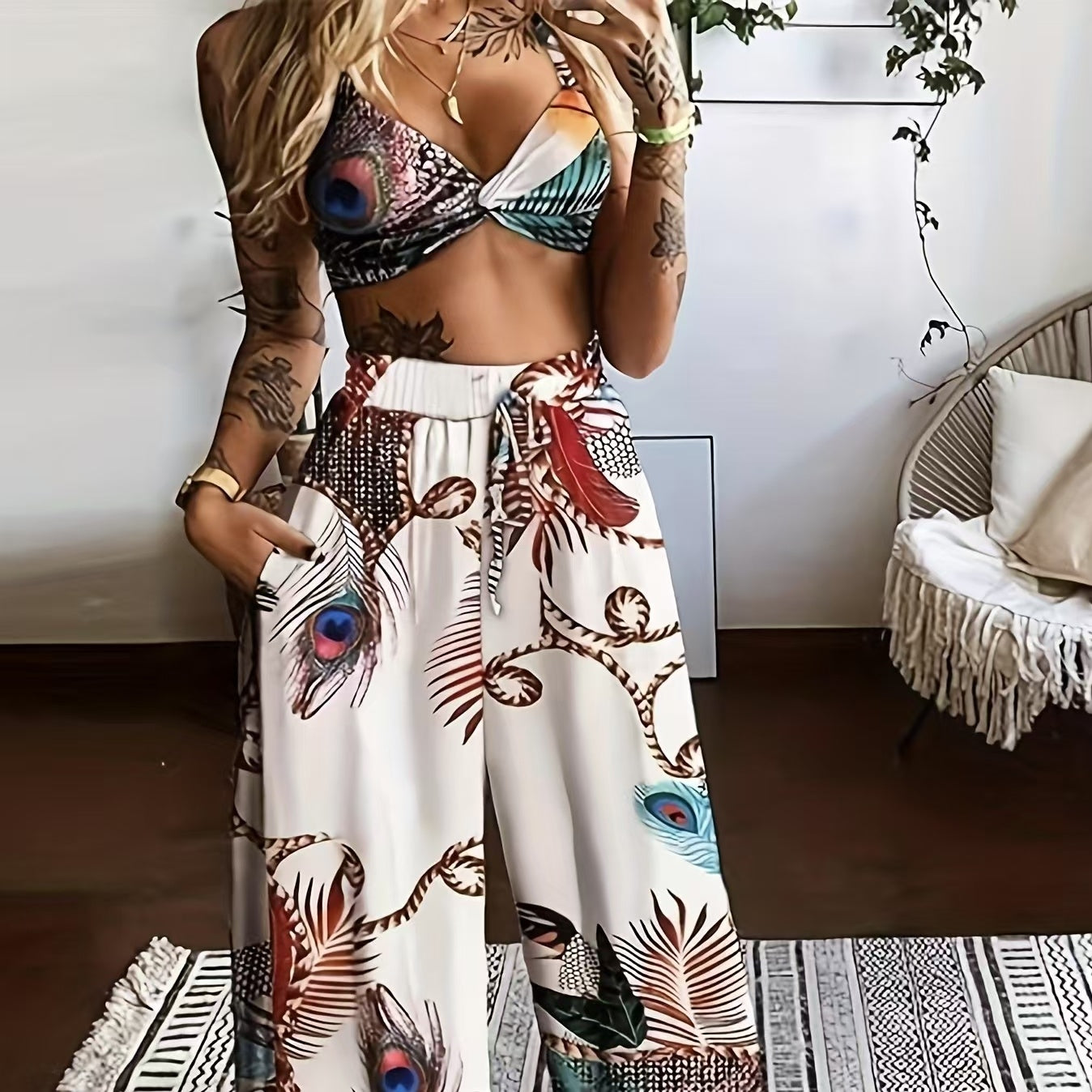 Women's Feather Printed Black Vacation Sexy Strap Pants Set CJ US