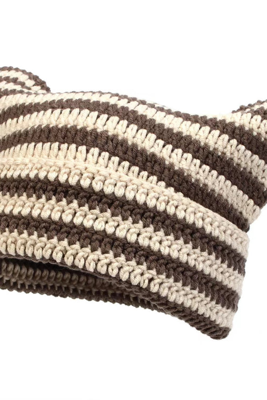 Women’s Hand Knitted Striped Cat Hat – Cute Warm Winter Beanie - FitiqueFit
