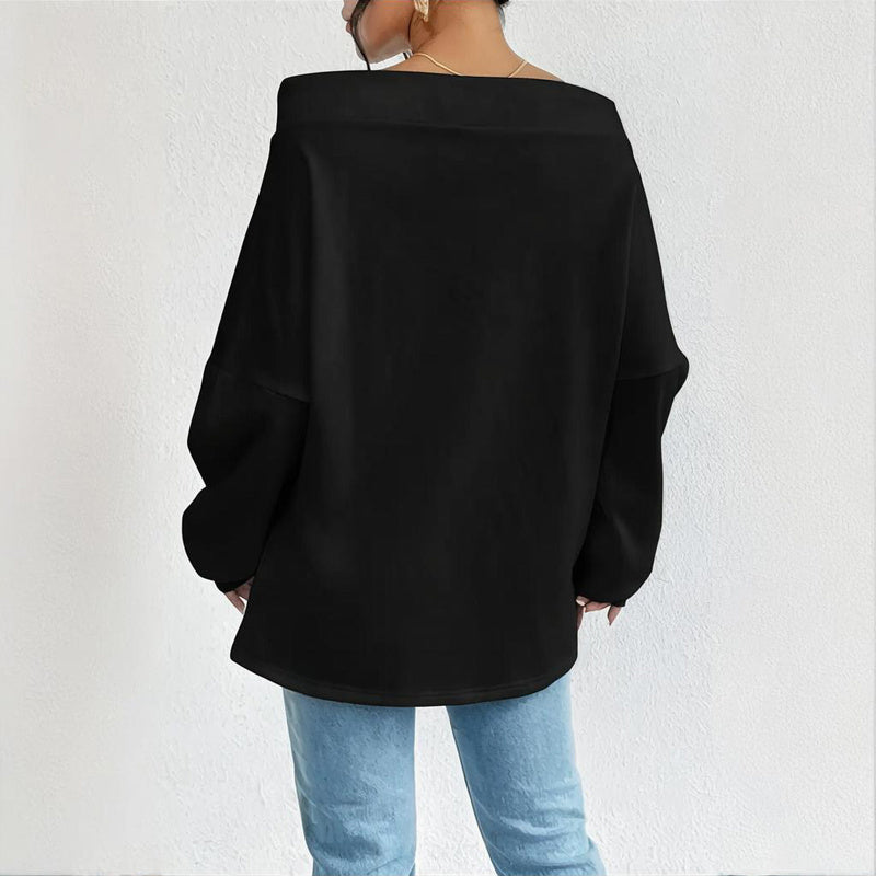 Plus Size Women's Solid Color Off-Shoulder Long Sleeve Pullover With Drawstring - Casual Ribbed Detail Top For Spring&Fall CJ US