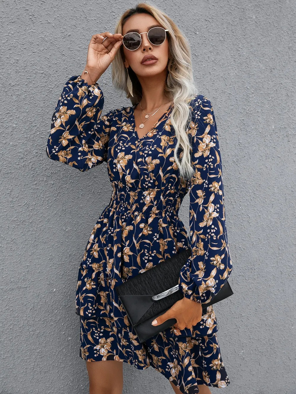 Floral Layered Surplice Balloon Sleeve Dress eprolo