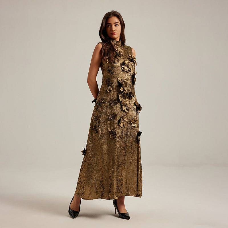 Three dimensional flower splicing sleeveless waist cinched A-line skirt long dress for women eprolo