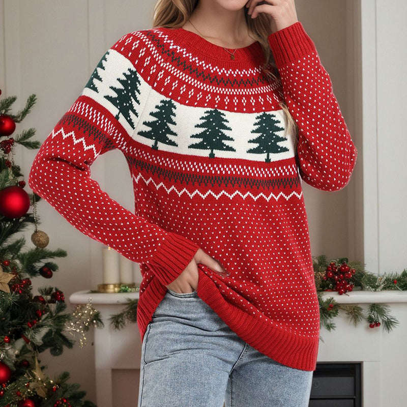 Women's Casual Pine Pattern Sweater, Loose Fit Round Neck Long Sleeve Knit Top For Holiday Parties 