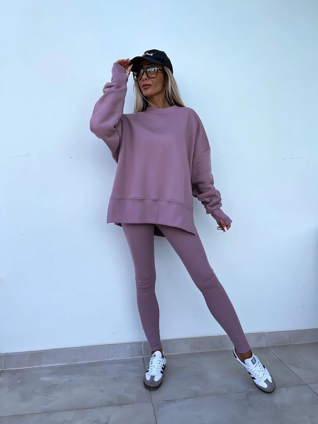 Sweater Suit Women's Casual Loose Long Sleeve Crew Neck Split Top Tight Trousers 