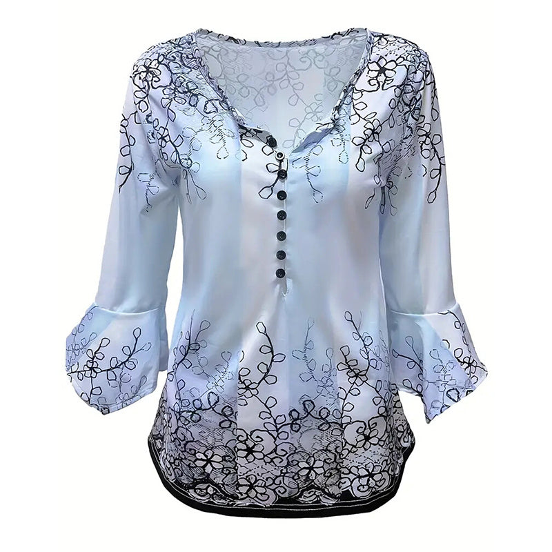 Women’s V-Neck 3/4 Sleeve Button-Front Tunic Blouse CJ