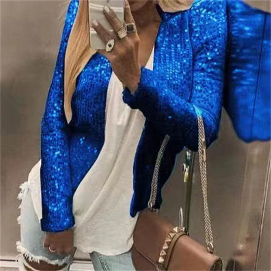 Women's Fashion Colorblock Sequin Short Casual Jacket 