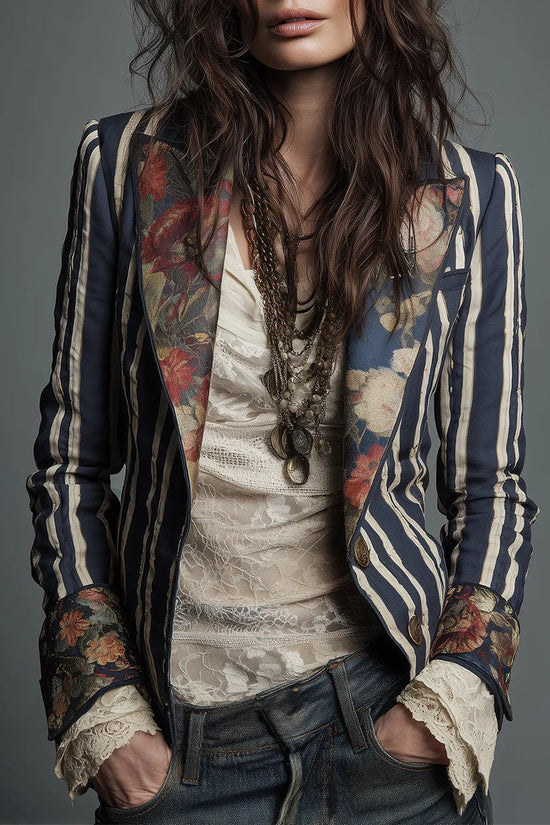Women's Bohemian Color-Block Striped Blazer 