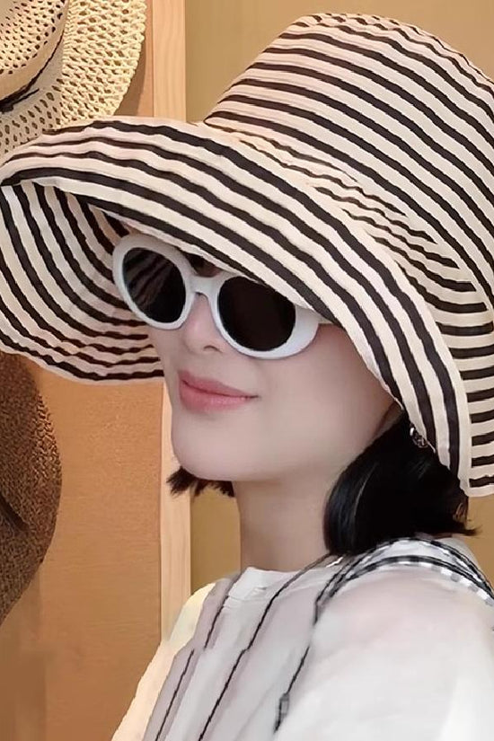 Women's Wide-Brim Striped Sun Hat – UV Protection & Adjustable Fit 