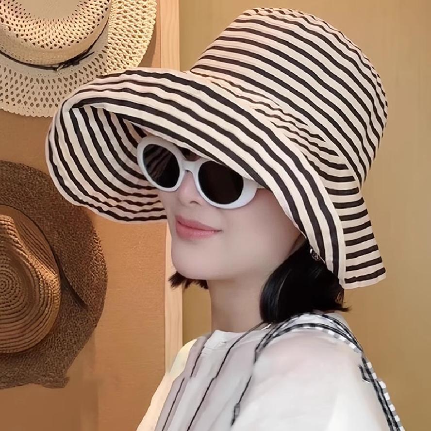 Women's Wide-Brim Striped Sun Hat – UV Protection & Adjustable Fit 