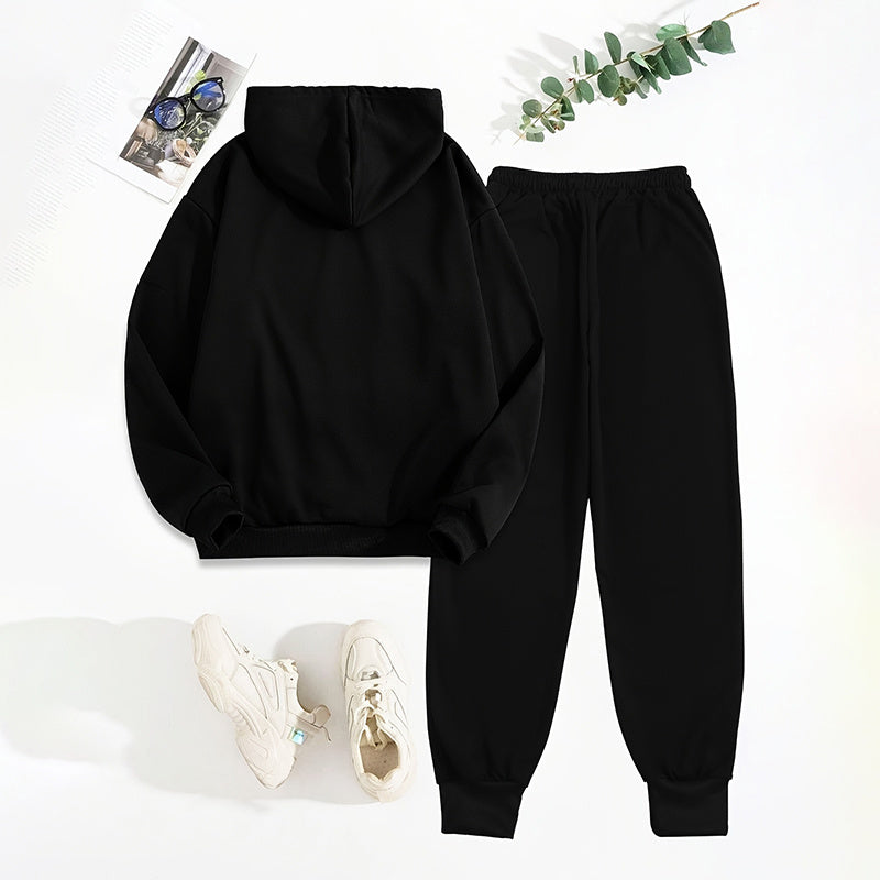 Women's Solid 2-Piece Set Letter Print Hoodie With Pocket & Drawstring Jogger Pants Casual Tracksuit CJ US