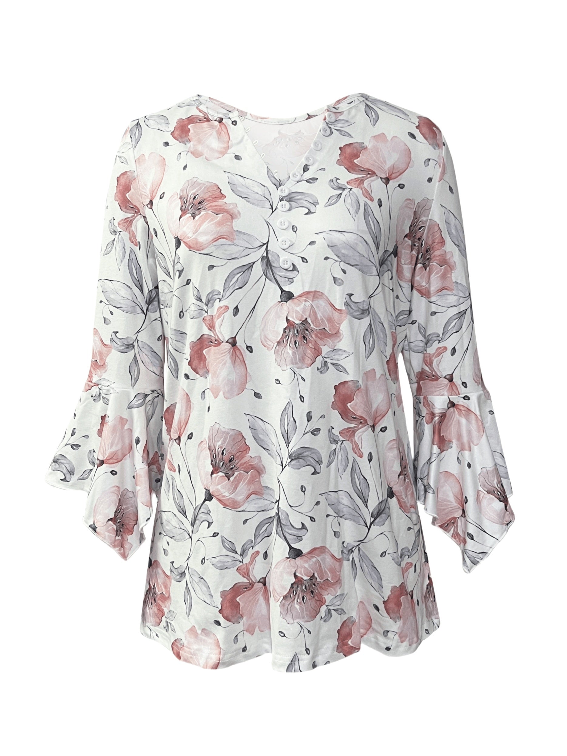 Women’s Printed Spike Button Three-Quarter Sleeve Casual Top CJ US