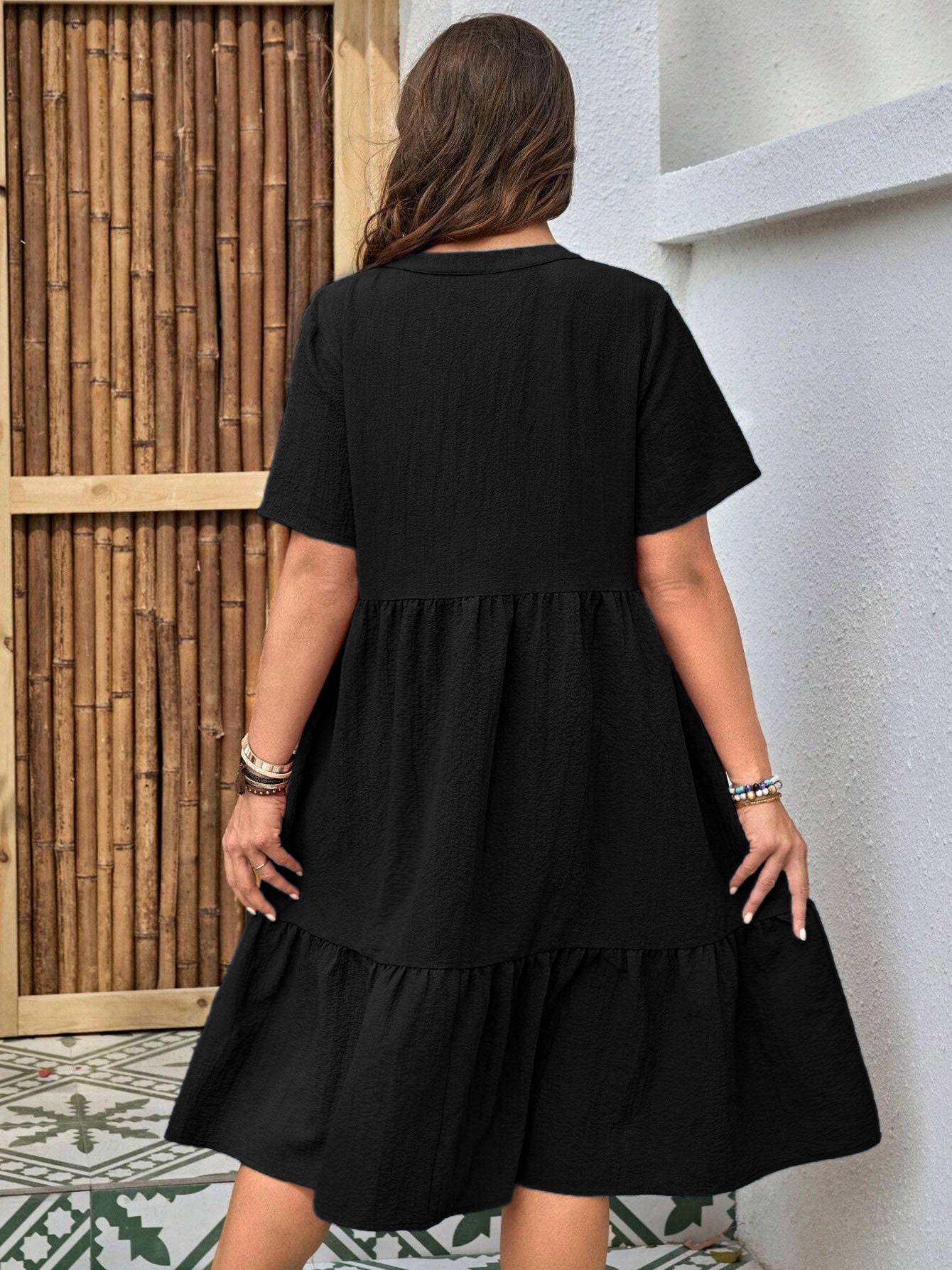 Women's Plus Size Buttoned Dress - Summer Casual V-Neck Short Sleeve Midi Dress CJ US