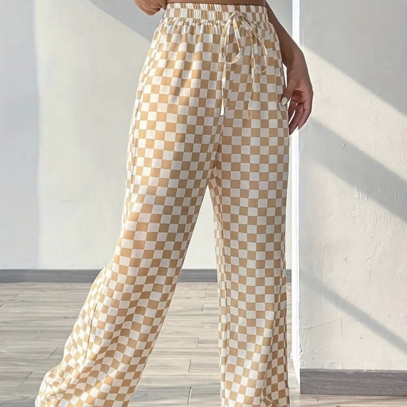 Ladies' Checkerboard Printed Drawstring High Waisted Wide Leg Pants CJ US