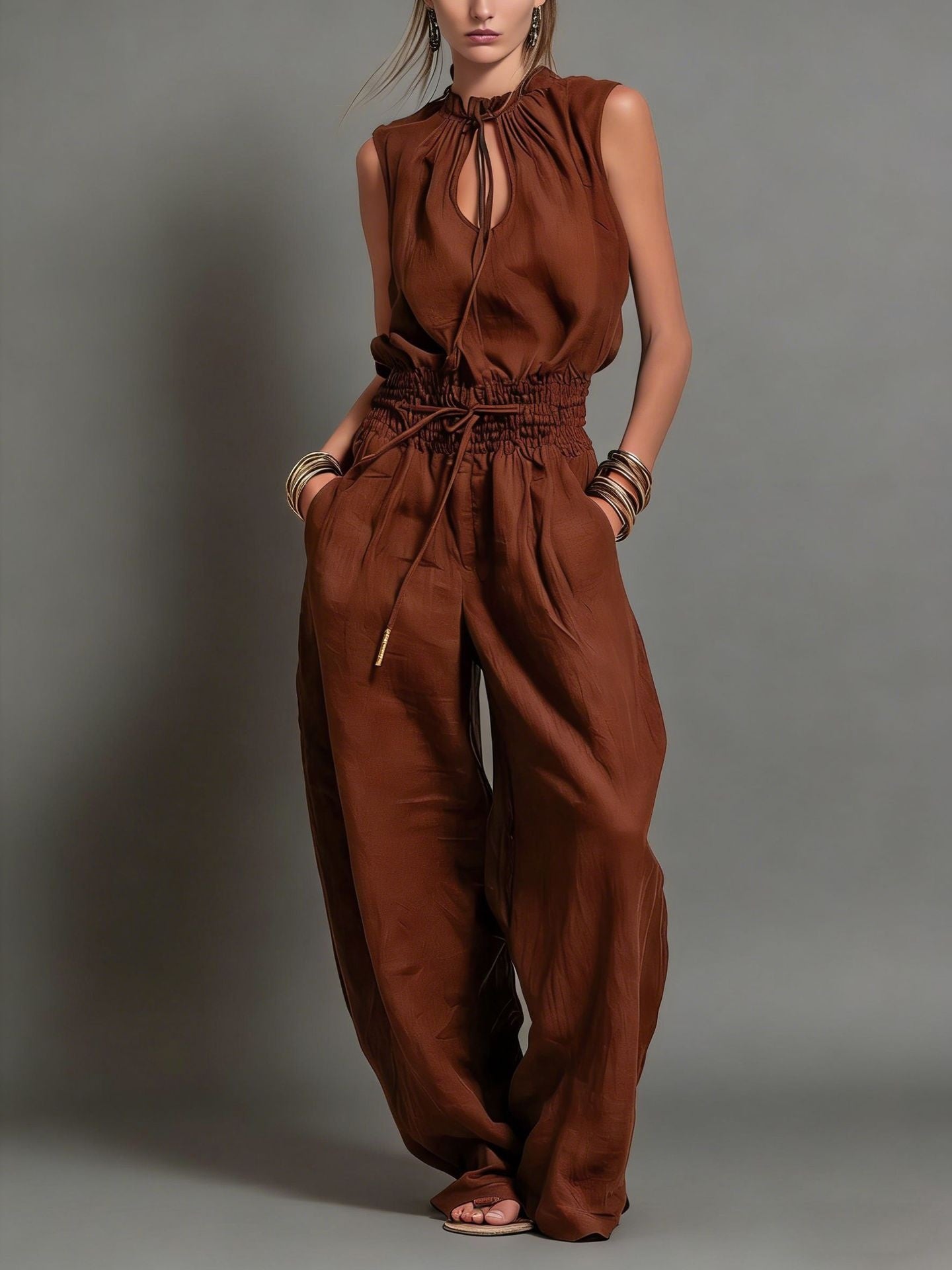 Personalized Street-style Loose-fitting Sleeveless Waist-cinching Wide-leg Jumpsuit 