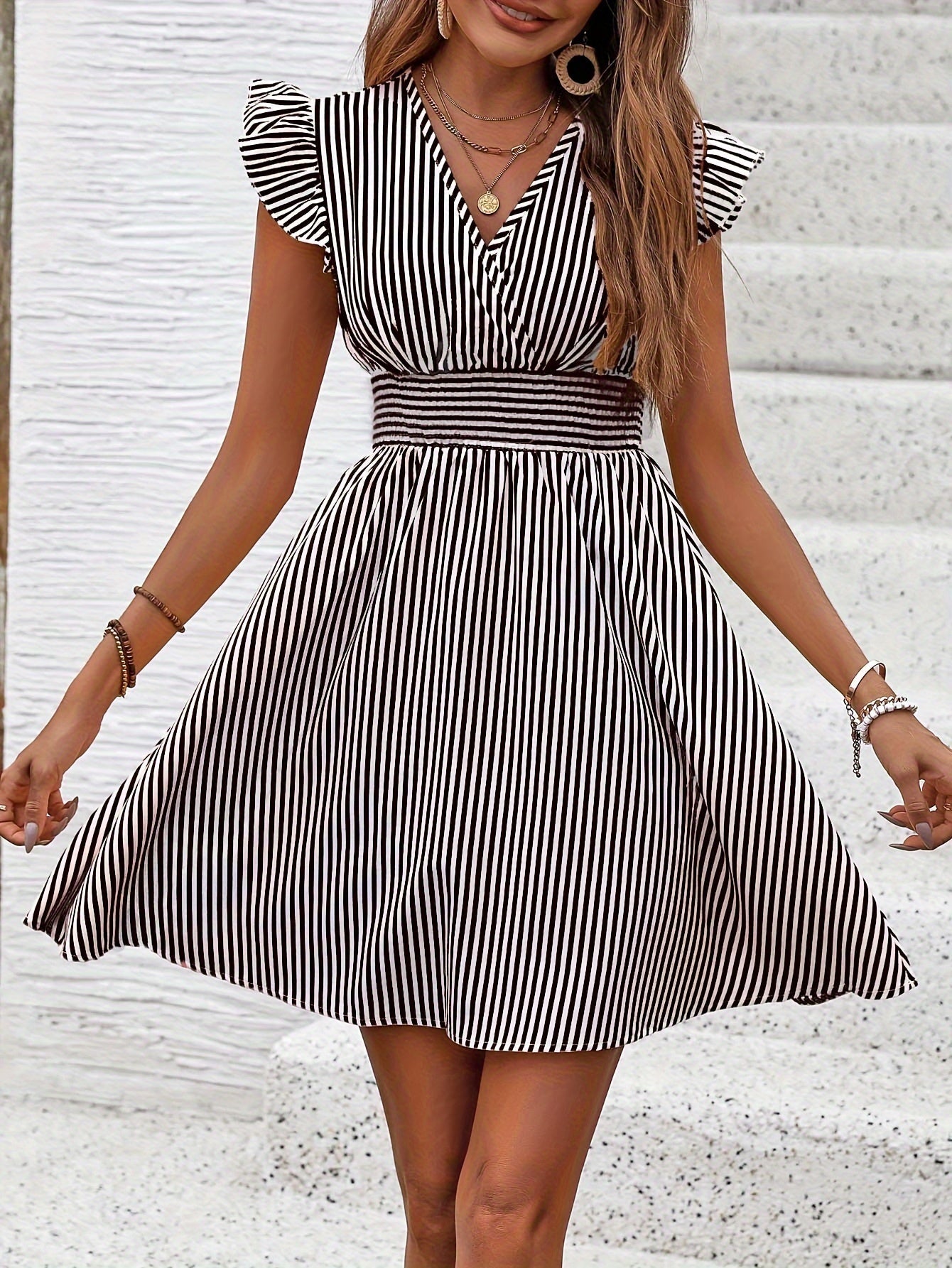 Women's Mini Dress V Neck Flutter Sleeve Striped Smocked Waist A Line Short Summer Dress CJ US