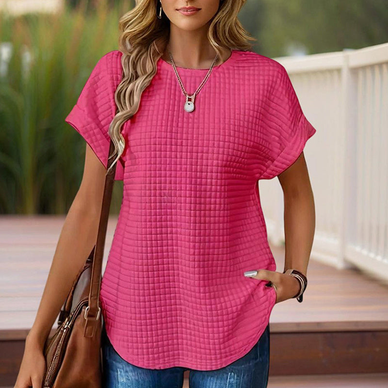 Women's Solid Color Round Neck Short Sleeve Top - Textured Cuff Detail Comfortable Summer Casual Tee CJ US