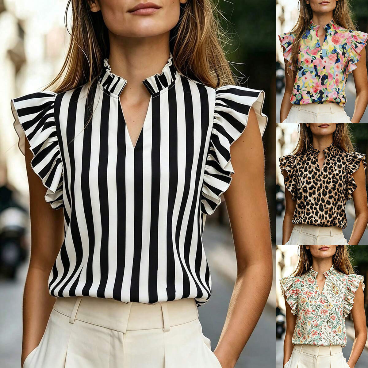 Women's Retro Ruffle-Trimmed Printed Sleeveless Shirt 