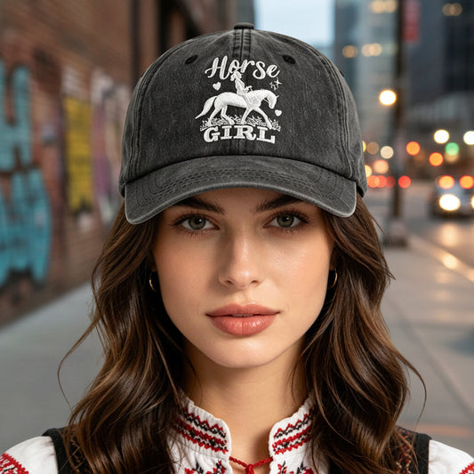 Horse Girl Embroidered Vintage Washed Baseball Cap – Adjustable Equestrian Hat 