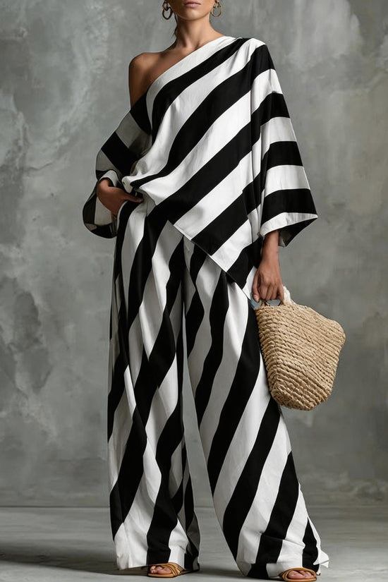 Retro Striped Printed Chiffon Top And Wide-leg Pants Set 