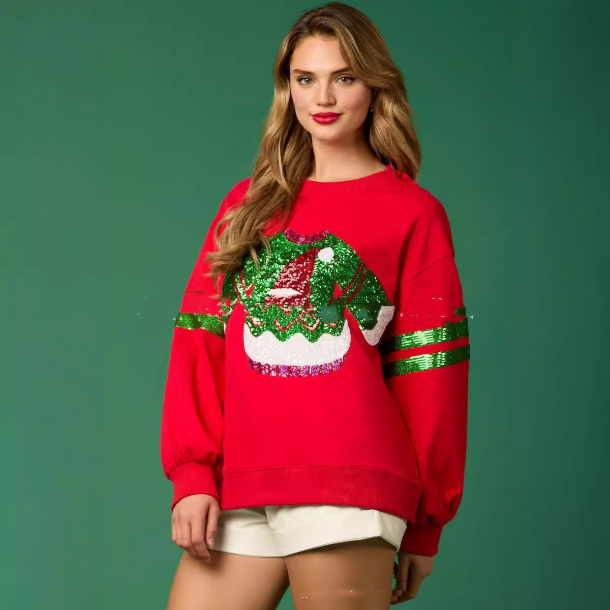Women's Christmas Sequined Round Neck Top Casual Sweatshirt CJ