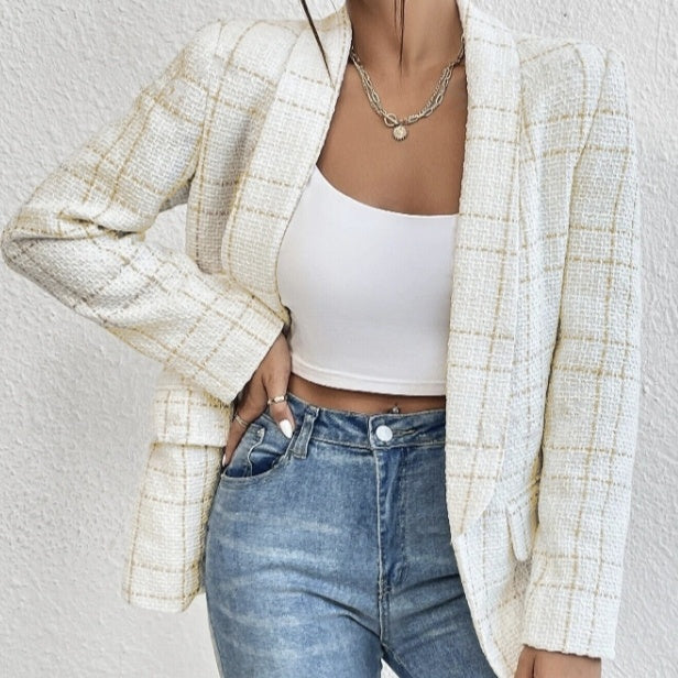 Ladies' Solid Color Linen Fake Pocket Design Fashionable Suit Jacket CJ