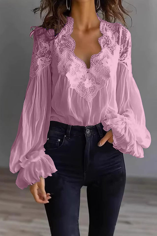 Lace-panelled Ruffled Puff-sleeve Pleated Shirt 