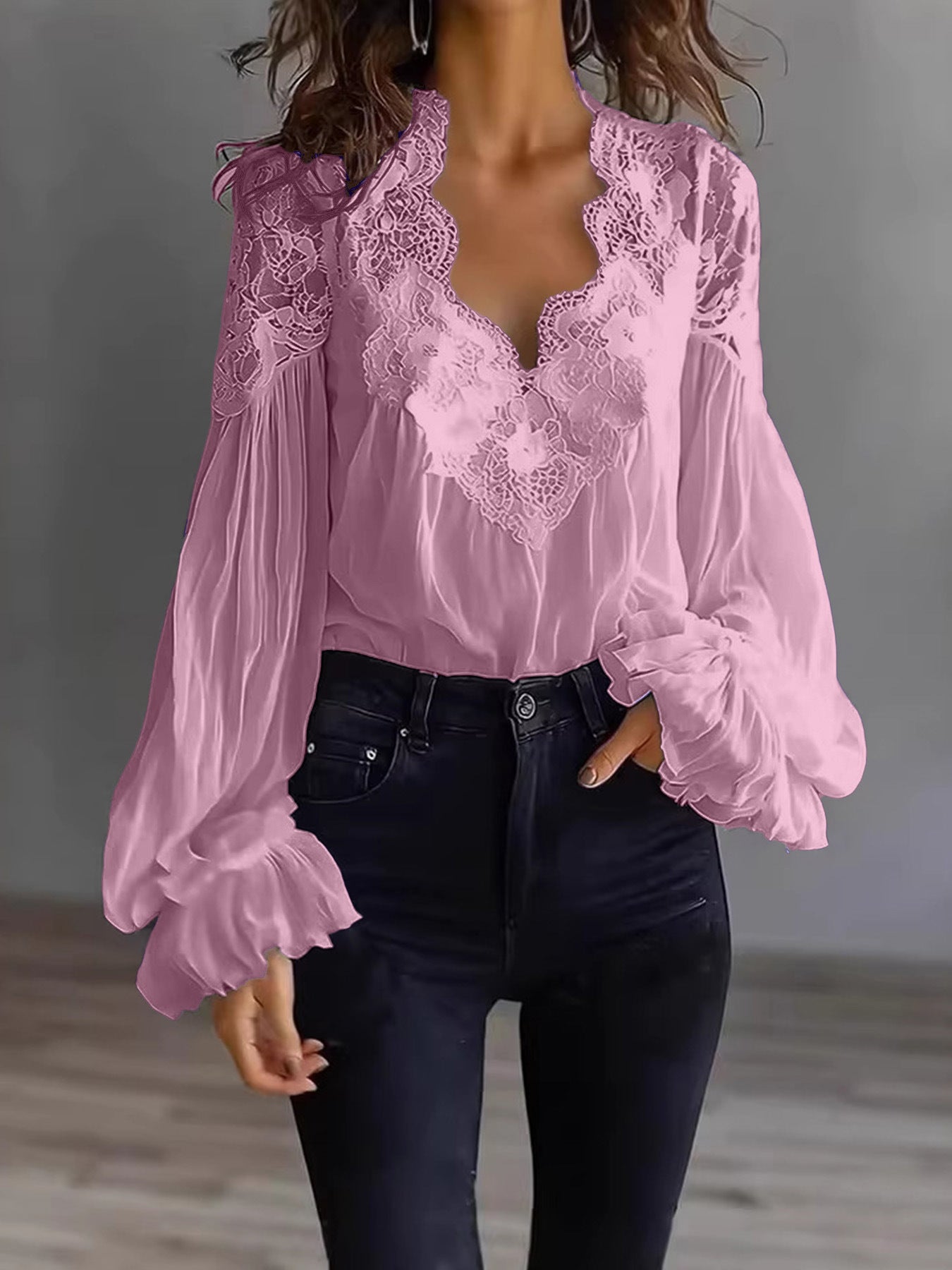 Lace-panelled Ruffled Puff-sleeve Pleated Shirt 