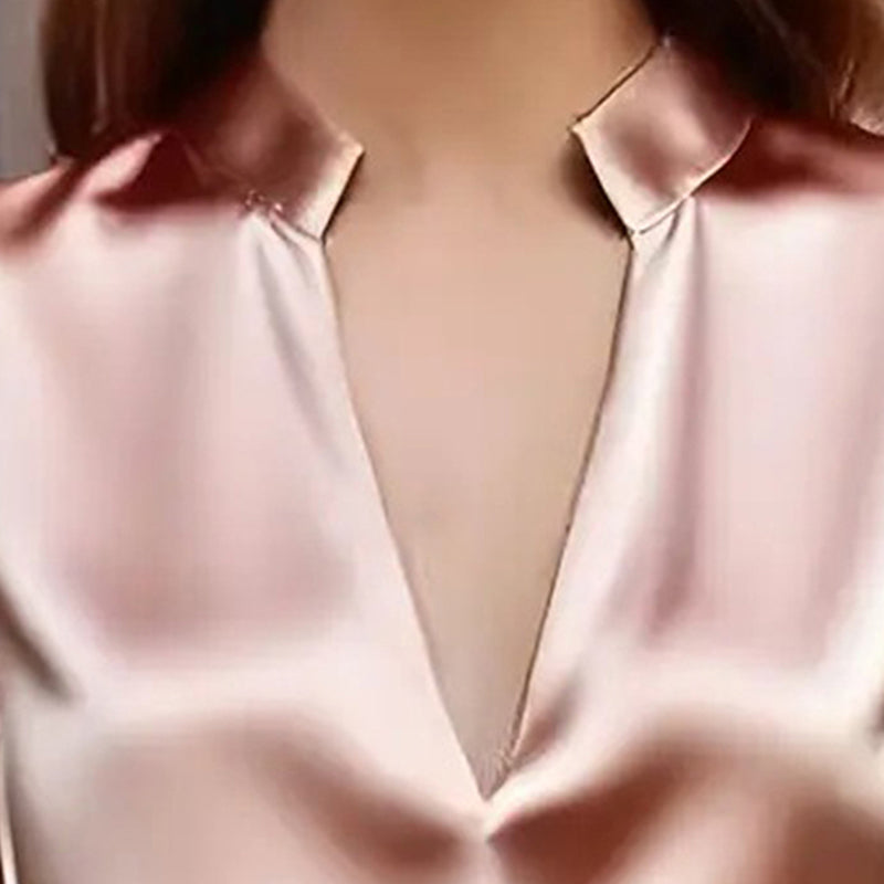 Women's Elegant V-Neck Long Sleeve Solid Color Satin Top Slim Fit Blouse For Office Party & Daily Wear 