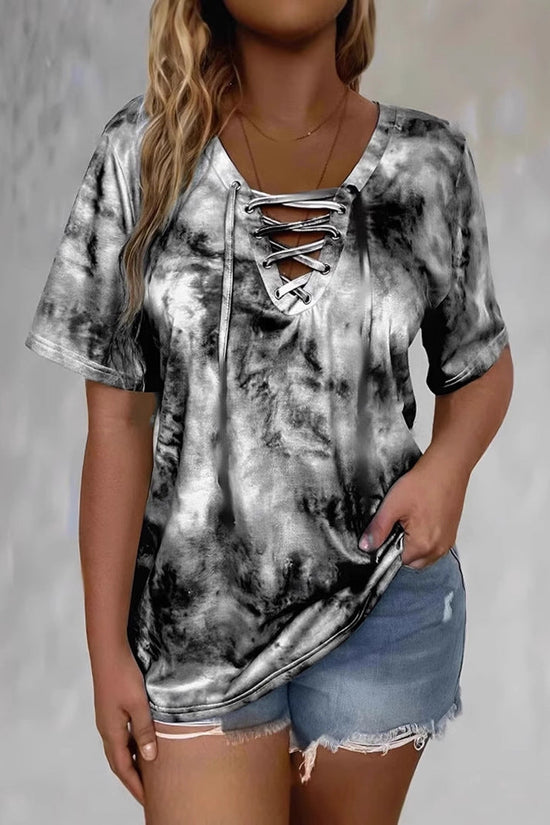 Tie-dye Printed Drawstring Casual Fashion Short-Sleeve T-Shirt 