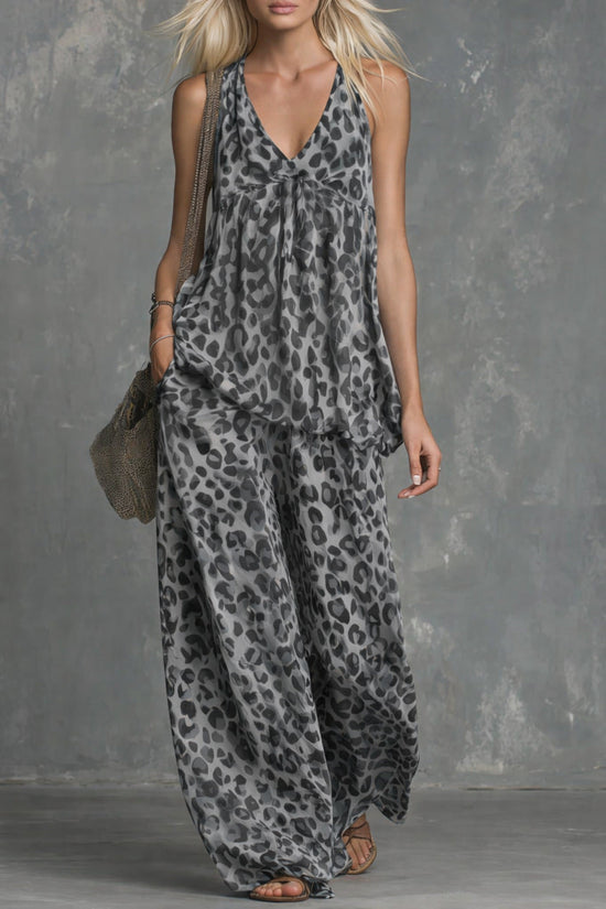 Womens Loose-Fitting Leopard-Print Sleeveless Top And Chiffon Pants Set 