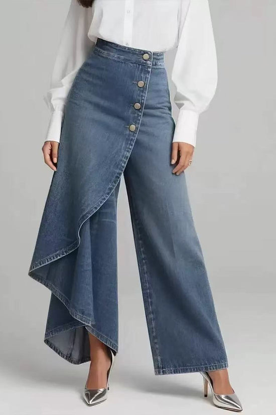 Denim Skort With Button Closure And Washed Finish For Women 