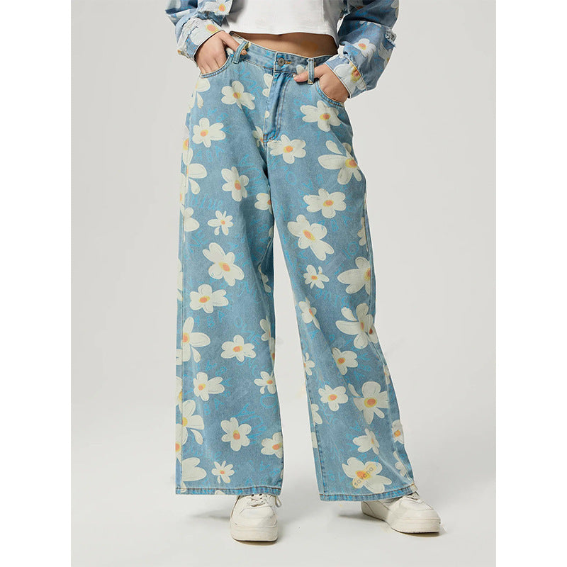 Vintage Flower Print Straight Jeans FitiqueFit
