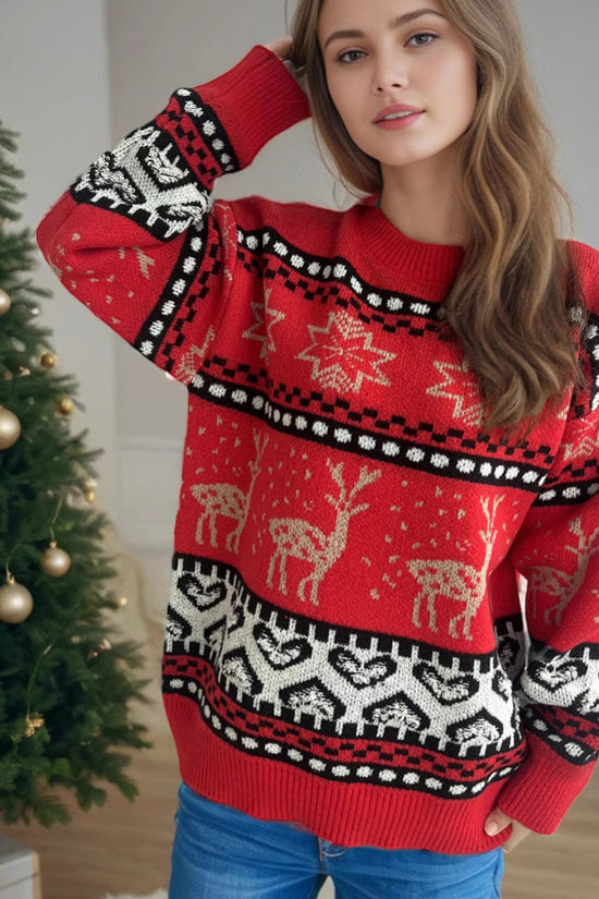 Christmas Casual Red Deer Jacquard Women's Long-sleeved Round Neck Sweater CJ