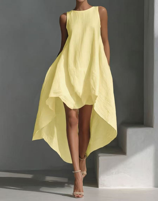 Sleeveless High-Low Irregular Hem Linen Blend Dress 