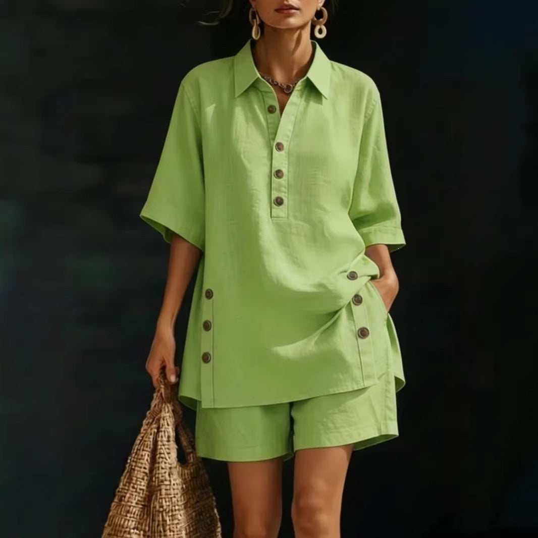Womens Short-Sleeve Shirt And Loose Pants Two-Piece Set 